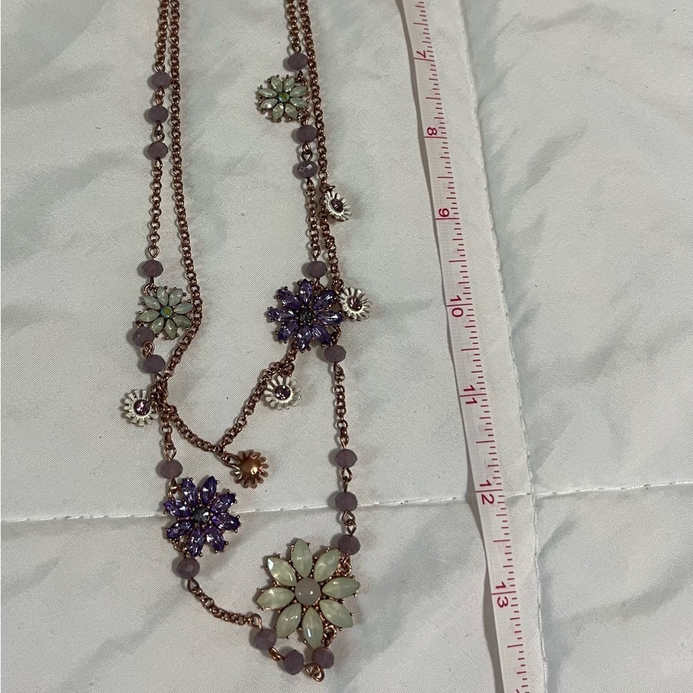 Betsey Johnson Purple and Cream Floral Necklace with Vintage Charm